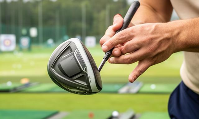 試打用ドライバーを屋外練習場の打席で構え、ヘッド形状を確認する手元